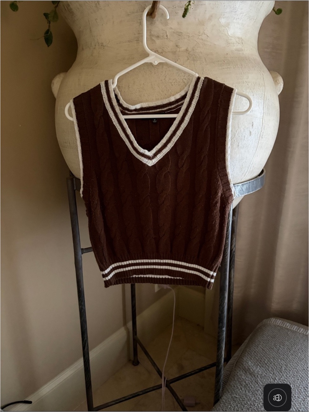 Love Tree Brown and White Cable Knit V-Neck Sweater Vest